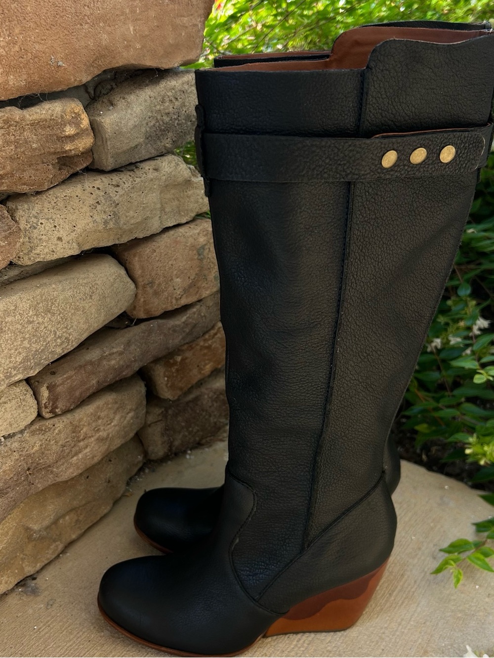 Kork-Ease Shawna Black Pebbled Leather Wedge Knee High Riding Boots Womens 7.5